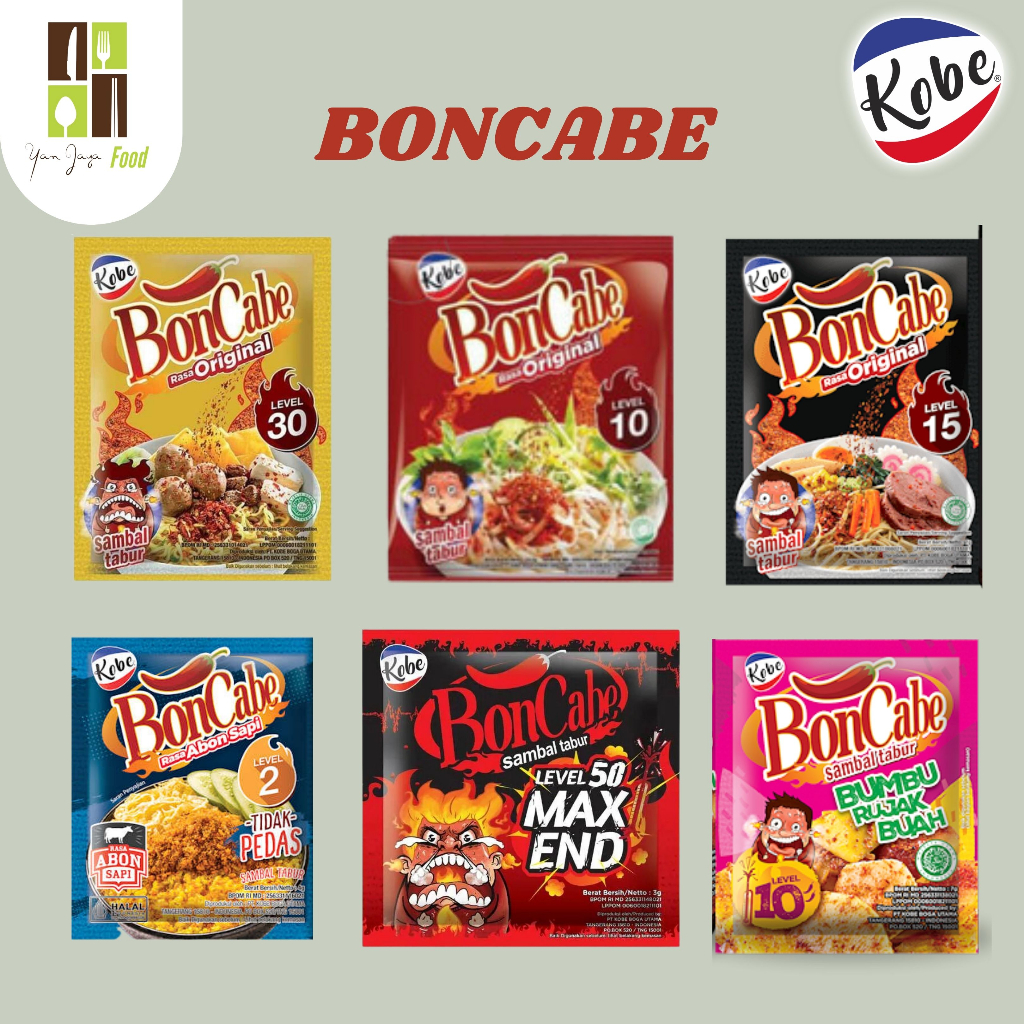 

Kobe BonCabe Sambal Tabur Level 10 / Level 15 / Level 30 [5.5 g] Level 50 MAX END [4.5 g] / Abon Level 2 [4 g] / Rujak Level 10 [7 g] (1 RENCENG ISI 12 PCS)