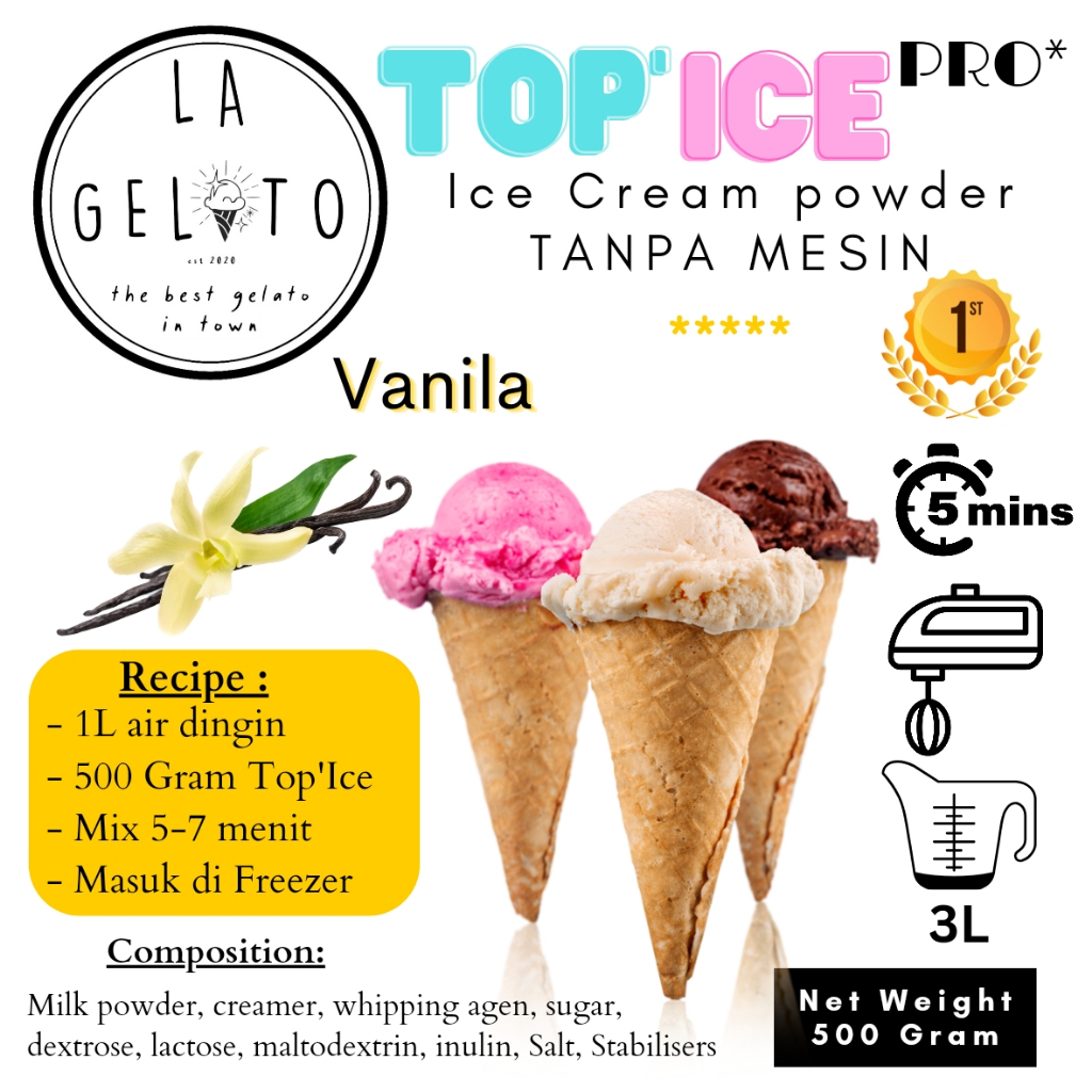 

500gr Bubuk Es krim Top ice tanpa mesin rasa Vanilla