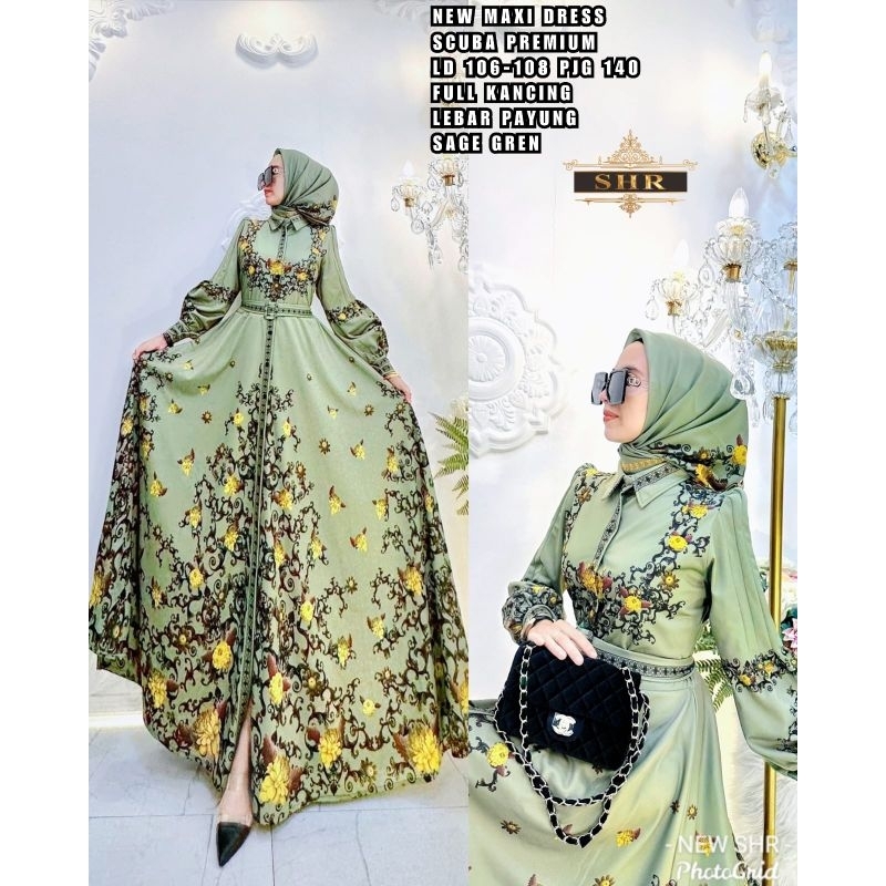 NEW SHR MAXI DRESS SCUBA FLOWER SAGE GREEN FULL KANCING BY SYAHIRA ORIGINAL