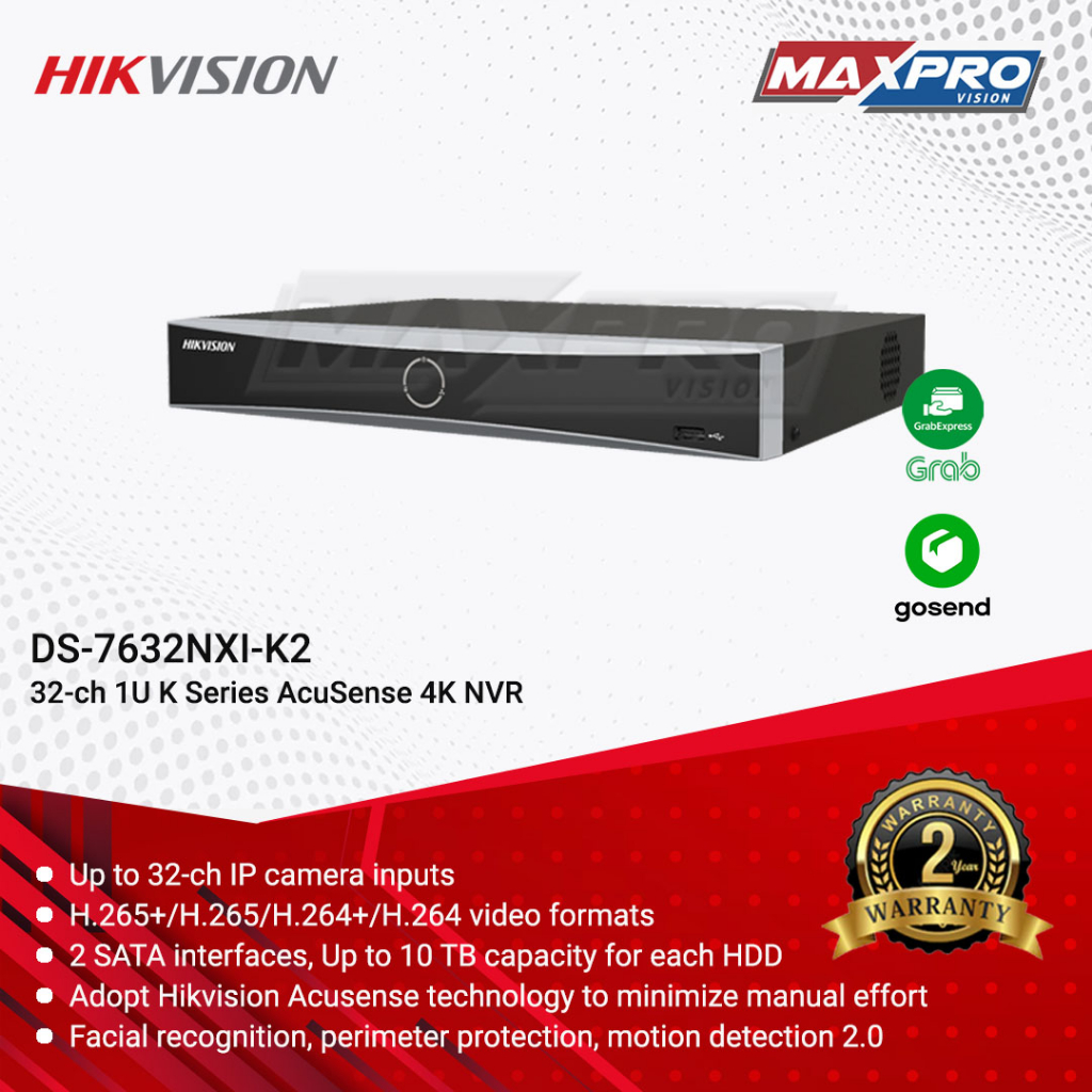 DS-7632NXI-K2 - HIKVISION NVR 32CH ACUSENSE 4K FACE CAPTURE 2 SLOT HDD