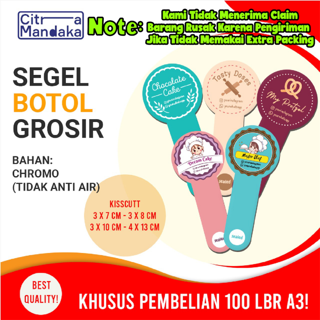 

Stiker Segel Botol Chromo Grosir A3 Sticker Toples Kue Makanan Custom Seal Botol Minuman Penutup Botol