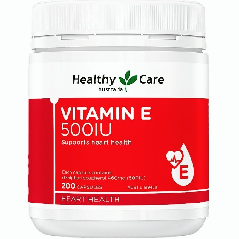 Healthy care Australia vitamin E Vitamin-E 500IU 500 IU d-alpha-tocopheryl 460mg 460 mg 200 softgels capsules kapsul lunak dl-alpha-tocopherol d-alpha-tocopherol support heart health immune imunitas