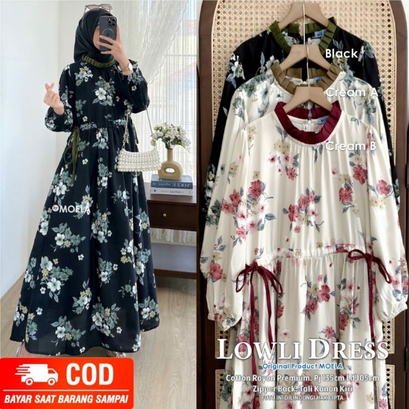 LOWLI MIDI DRESS MOELA GAMIS MUSLIMAH BAHAN RAYON PREMIUM MOTIF BUNGA LD 105 DASTER PANJANG HARIAN H