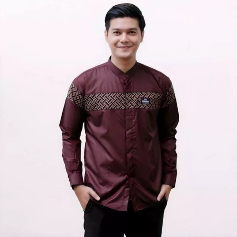 baju Koko pria dewasa lengan panjang warna maroon motif kobata qynang kombinasi batik terbaru