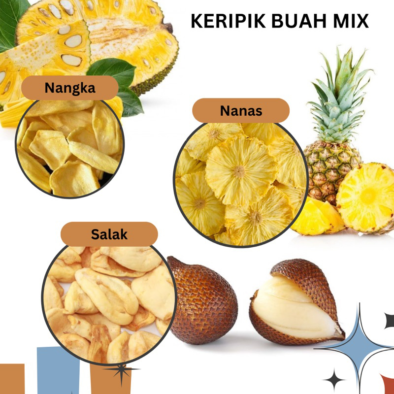 

Keripik Buah Mix-Campur Premium | Nangka, Apel , Salak dan Nanas | Dechips Mixed Fruits