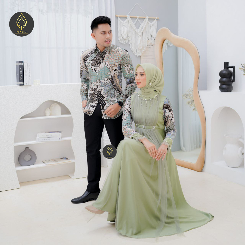 Gamis Batik Couple Cantika Hijau Sage Gamis Tunangan Kondangan Wisuda | Pusaka Batik Pekalongan