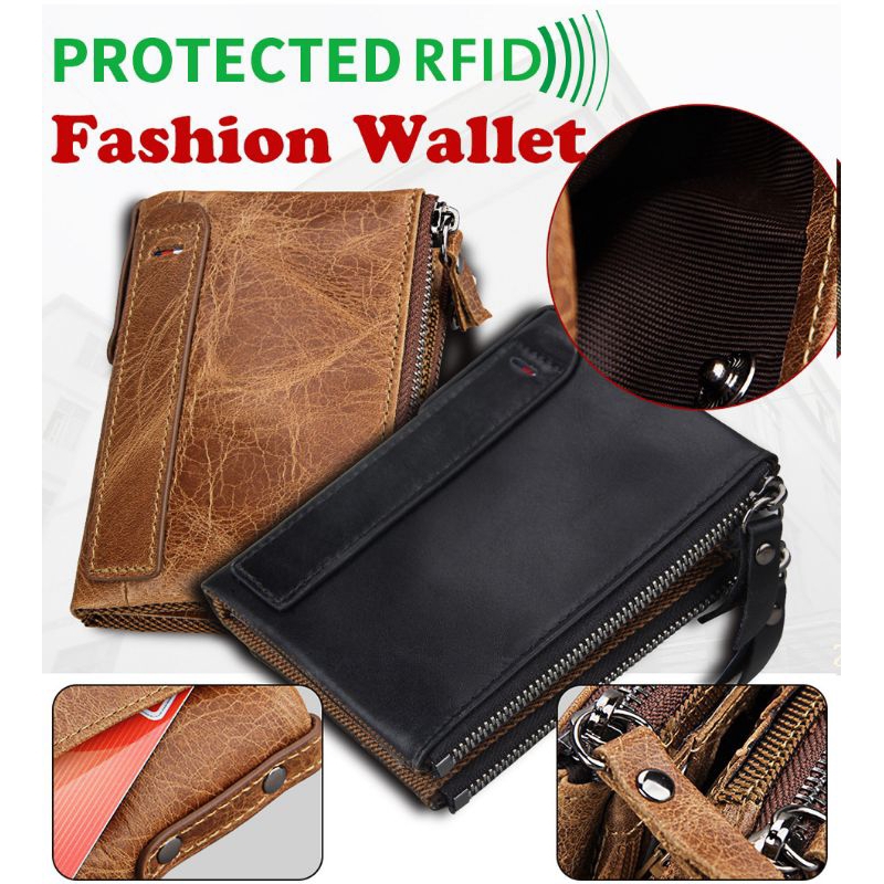 Dompet Import Kulit Sapi Asli RFID Dompet Pria Double Zipper Pendek Dompet Kartu Pemegang Koin Saku 