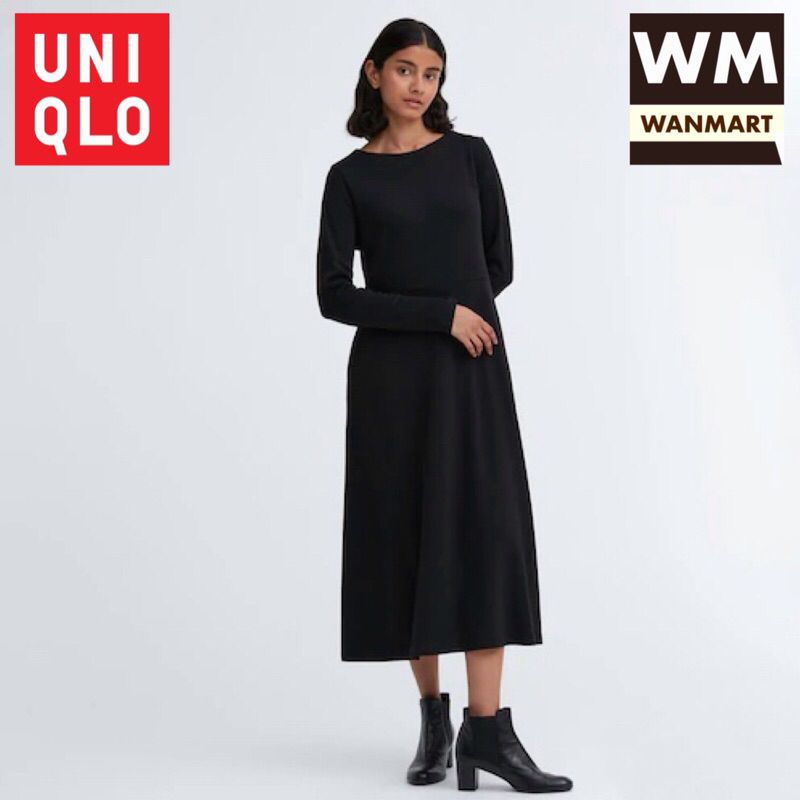 UNIQLO Women Dress Gaun Flare Ponte Wanita Lengan Panjang Black