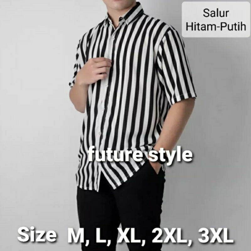 Kemeja Pria Garis Salur Hitam Putih Lengan Pendek Basic Ganjar Pranowo Atasan Hem Cowok Motif Stripe