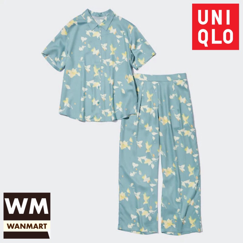 UNIQLO Women Set Pajamas Setelan Piyama Satin Wanita Lengan Pendek Green