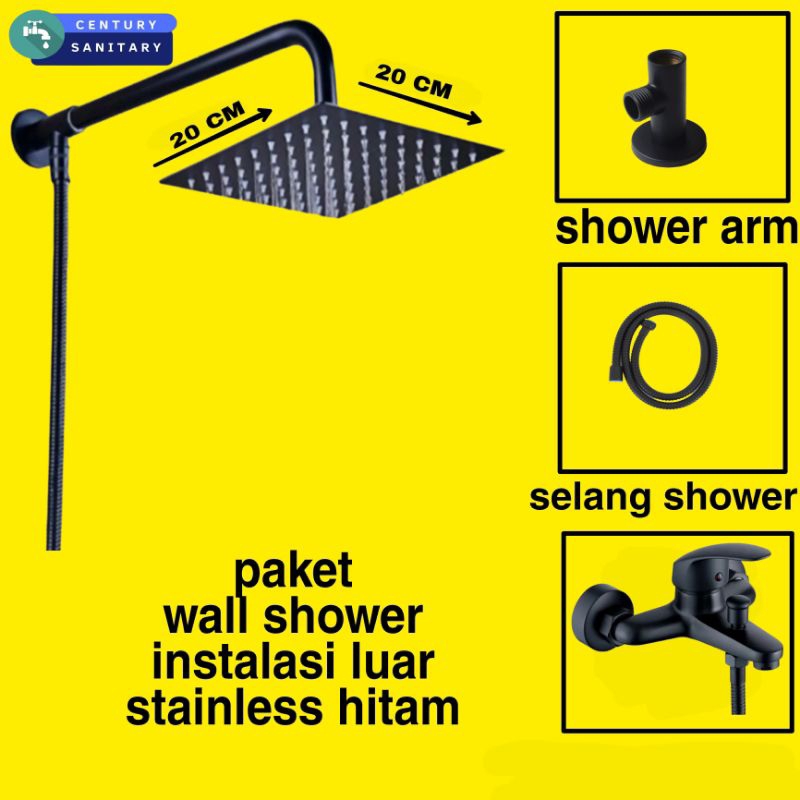 wall shower mandi hitam 8inch tanpa bobok dan kram cabang engkol hitam