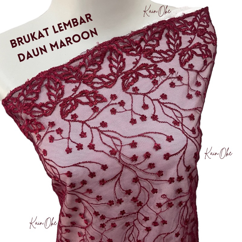 ½ meter Brokat/ Kain Brukat  Merah Maroon Motif AKAR DAUN LEAVES Premium Grade A/ Furing/ Bahan Keba