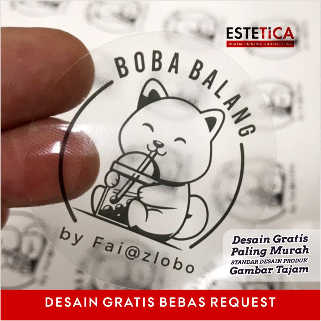 Cetak print sticker stiker label  transparan bening vinyl Anti air glosy mengkilat minuman desain cu