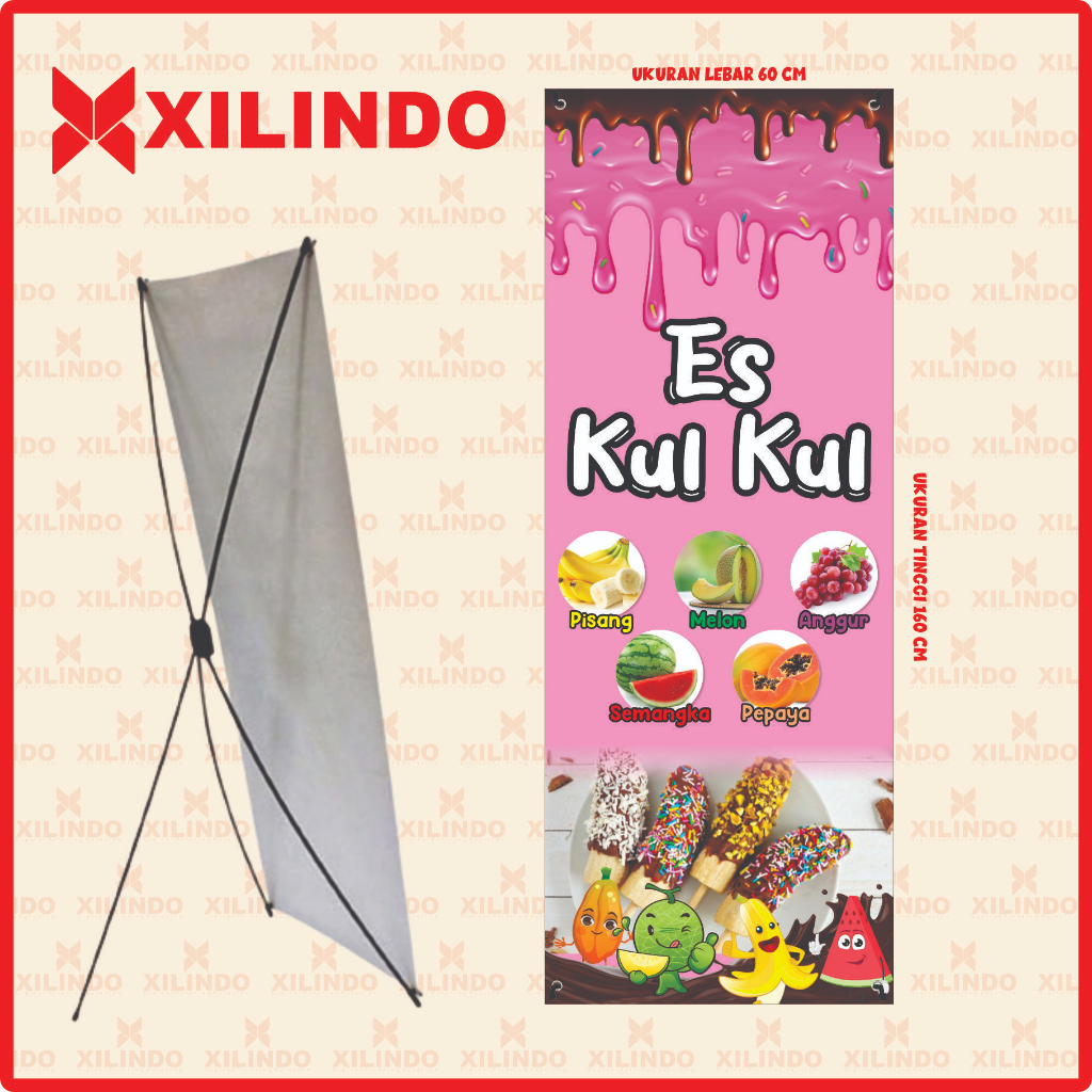 PAKET STAND BANNER XBANNER UMKM MOTIF ES KULKUL BUAH BUAHAN COKELAT