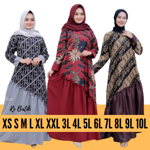 Gamis Batik Jumbo Wanita Muslimah - RE BATIK - S M L XL XXL XXXL 4L 5L 6L 7L JUMBO