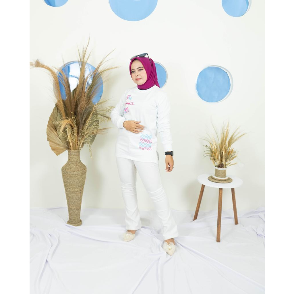 Kaos Wanita Tangan Panjang Original H2&CO Abstrak White