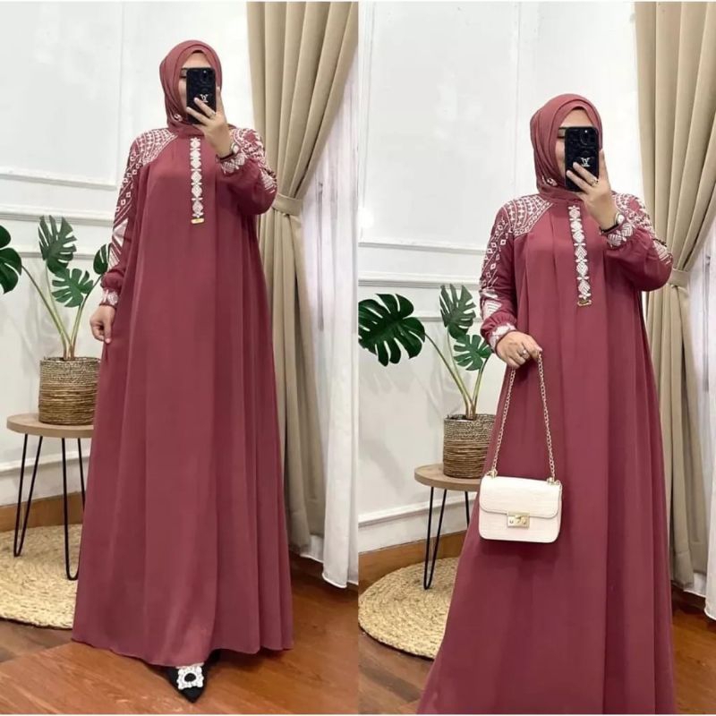 gamis bordir bunga terbaru bahan seruty babydoll