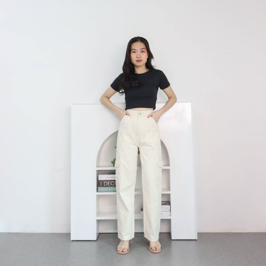 POI yeonin.id Celana Hhwaist Cargo Jeans Baggy Import Wanita Kekinian X56 Cream