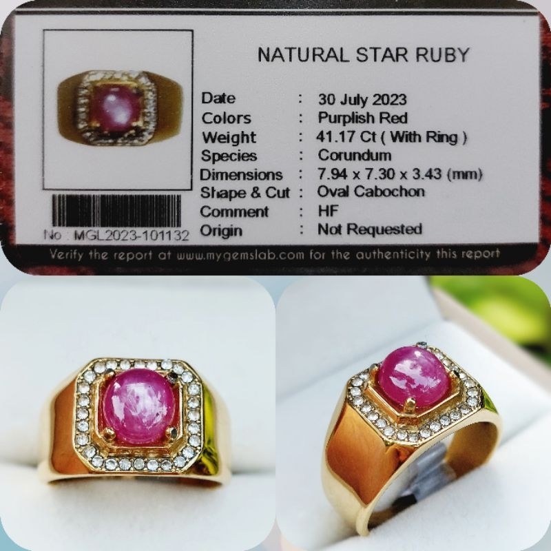Cincin Batu Natural Ruby Star (Original) Plus Memo