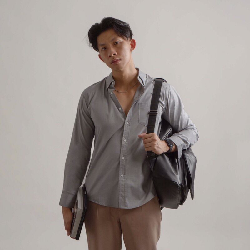 Poplin Shirt Button Up Collar Pastel Blue Signore