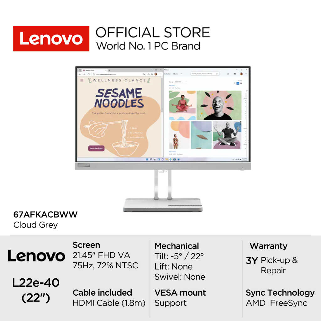 Lenovo Monitor L22e-40 67AFKACBWW Cloud Grey 21.45" FHD VA 250nits 75Hz 72% NTSC Antiglare WLED Back