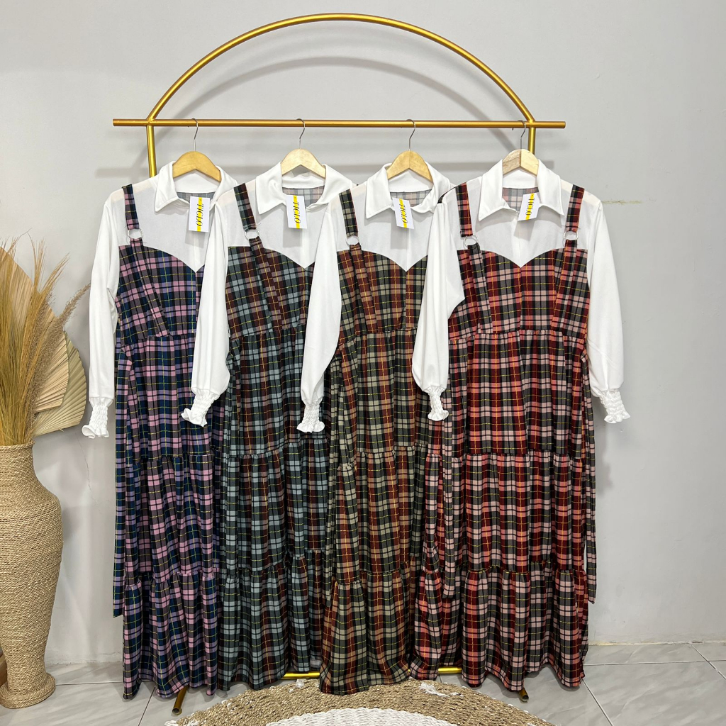 Ayunda Dress Part 2 Gamis Overall Korea Combi Motif Kotak Flanel Jumbo Busui Friendly