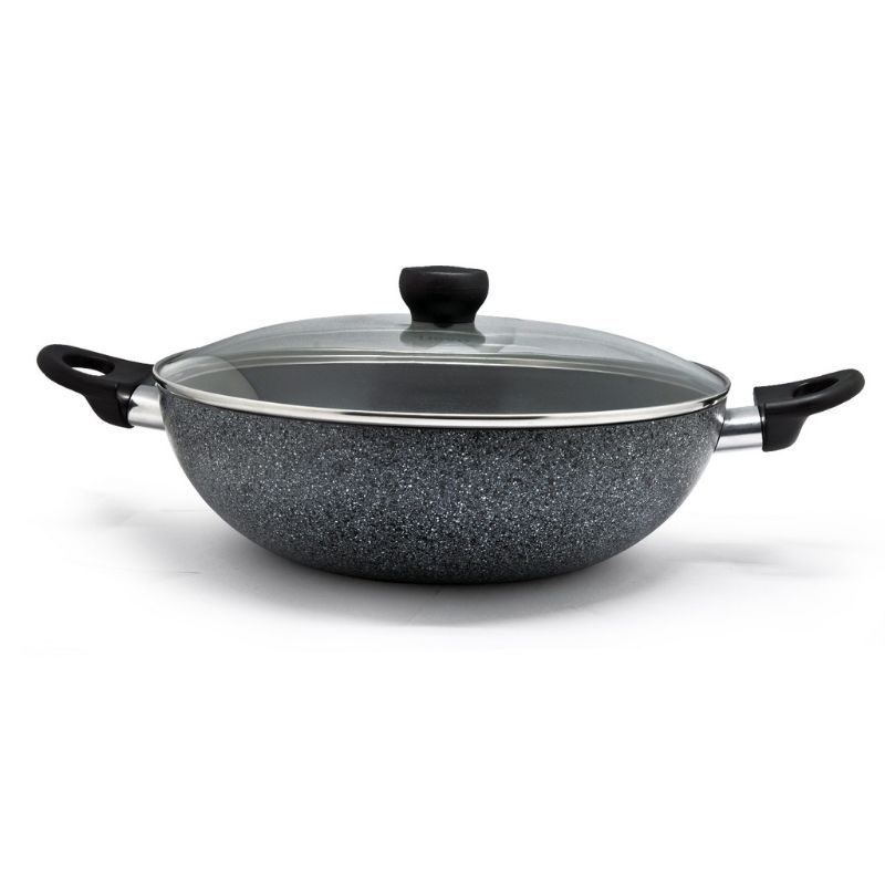 Maxim Ceramic Deep Wok 30 Cm Dengan Tutup Dan Pegangan Bahan Teflon Marble
