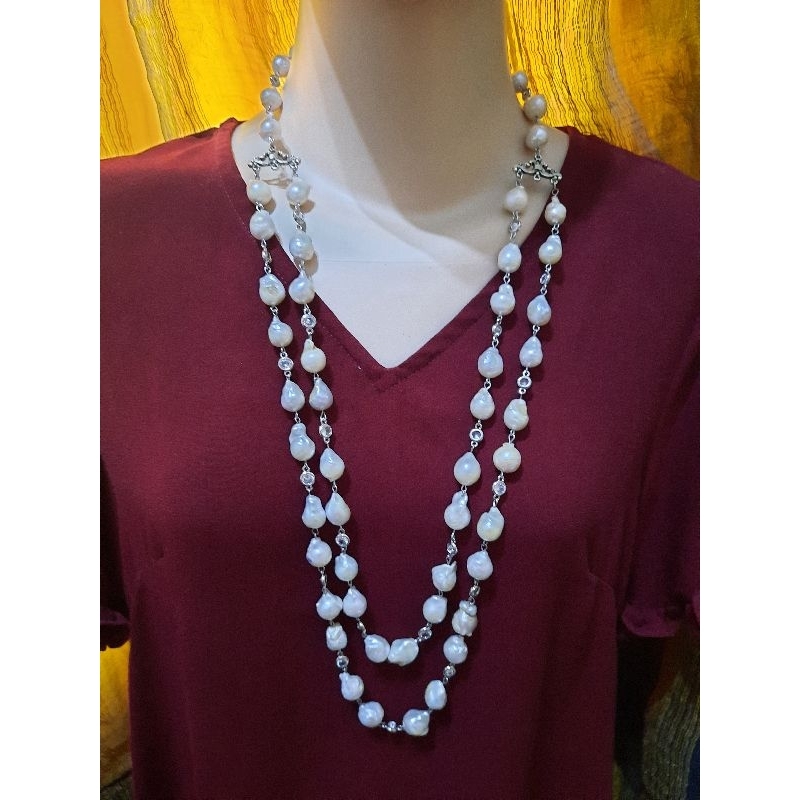 kalung panjang mutiara barok putih double layer