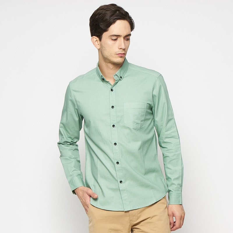 Kemeja polos pria lengan panjang sage hijau mint/ Kemeja polos cowok / Kemeja pria casual basic polo