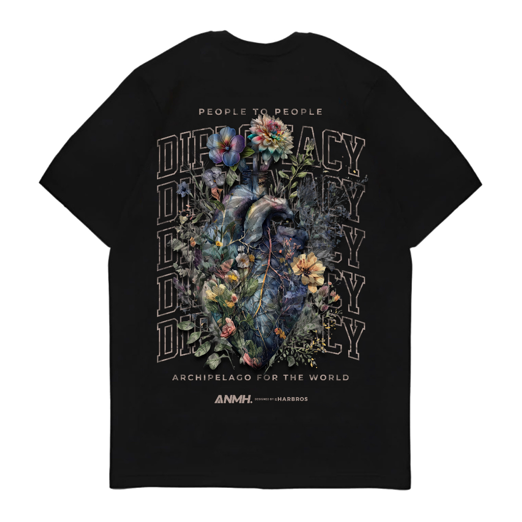 Kaos Baju Atasan Tshirt Lengan Pendek People Diplomacy Archipelago Bunga Hitam Original ANMH Terbaru