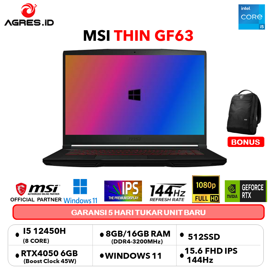 MSI THIN GF63 I7 12650H RTX3050 4GB/ 16GB 512GB W11+OHS 15.6FHD 144HZ BLIT 2Y BLK -12UC.2647