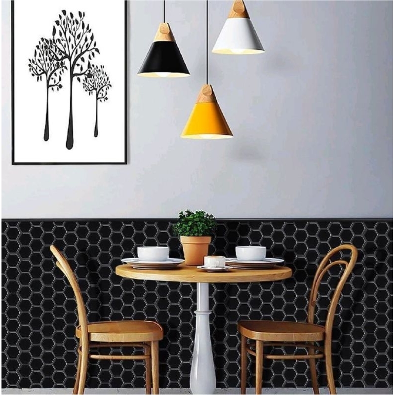 Wallsticker sticker 3D timbul glossy keramik hexagonal hitam