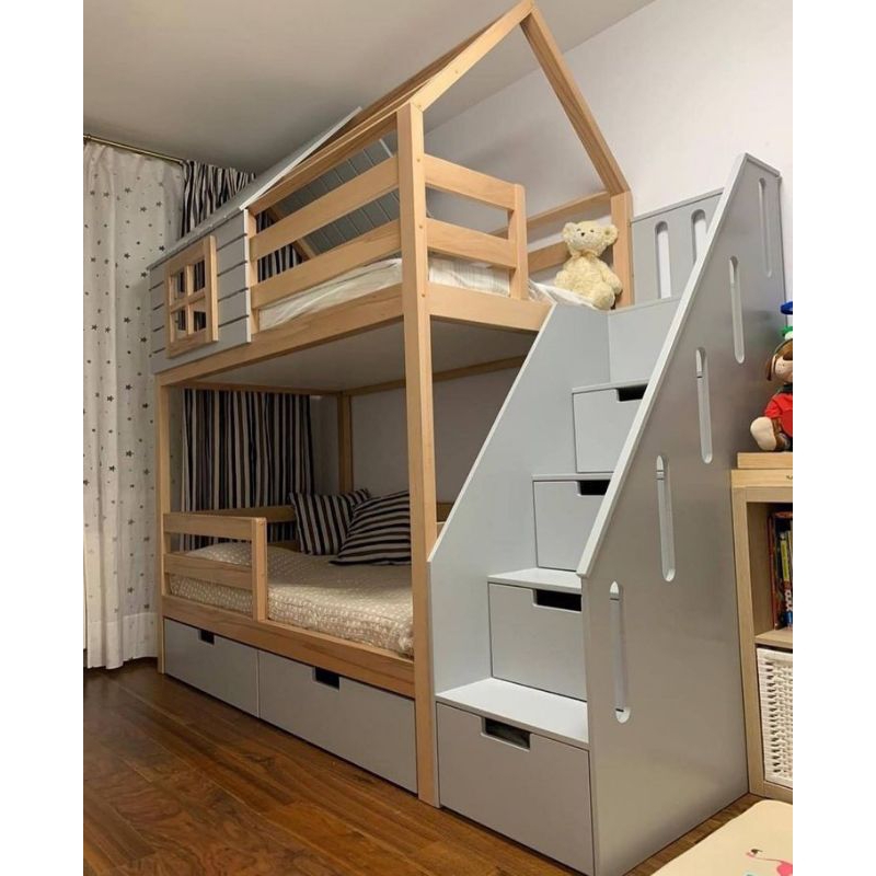 tempat tidur anak tingkat tangga laci 2 laci bawah size 90x200.90x250