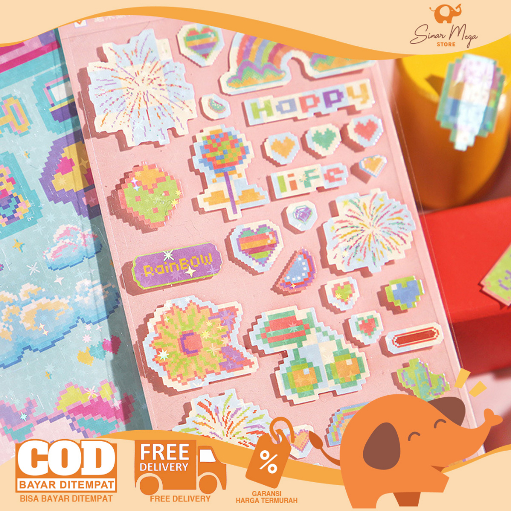 

Retro Pixel Art Style Stickers / Stiker Hologram Motif Lucu