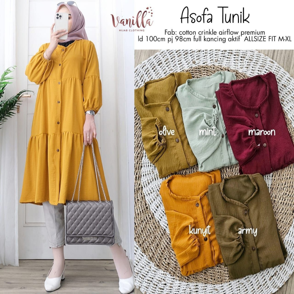 Goodsajifsn -  Asofa Baju Tunik Susun Bahan Crinkle Airflow Pakaian Muslimah