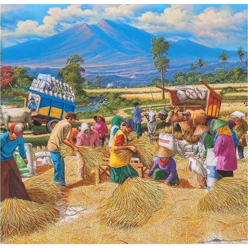 Lukisan Pemandangan Sawah dan Gunung dengan Petani Memanen Padi