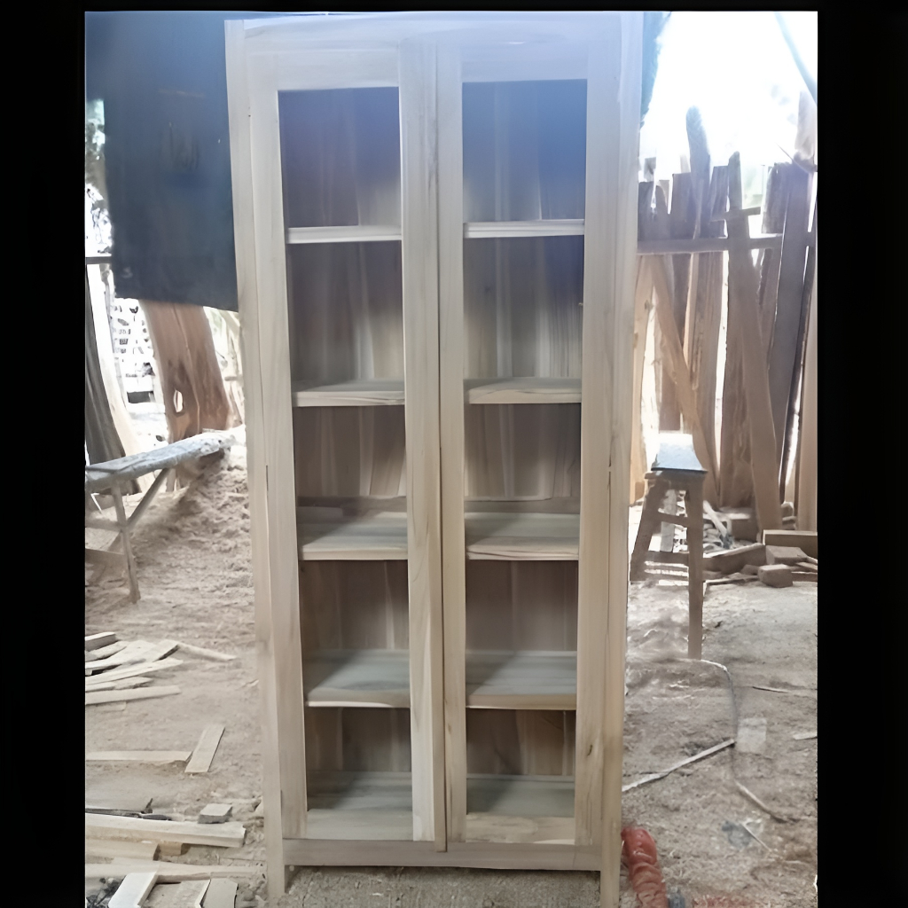 lemari rak hias pajangan almari dapur simpel kayu jati pintu 2 mentah