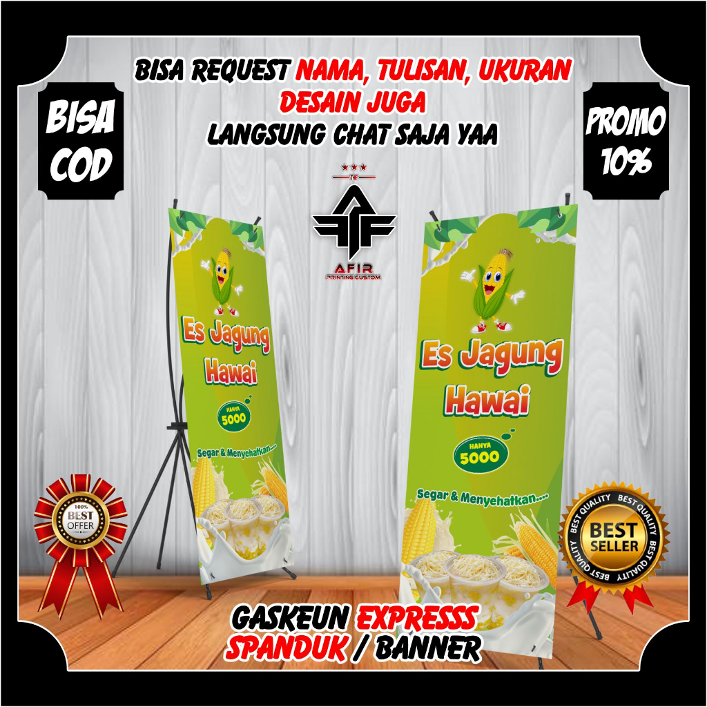 X Banner Model Berdiri Es Jagung Hawai Viral - Spanduk Banner Backdrop Jualan Minuman Es Jagung Hawa