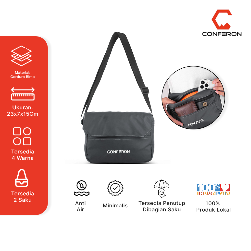 Conferon - Tas Simple Dompet Selempang 03 Bahan Cordura Resleting Warna Hitam Slingbag Untuk Segala 