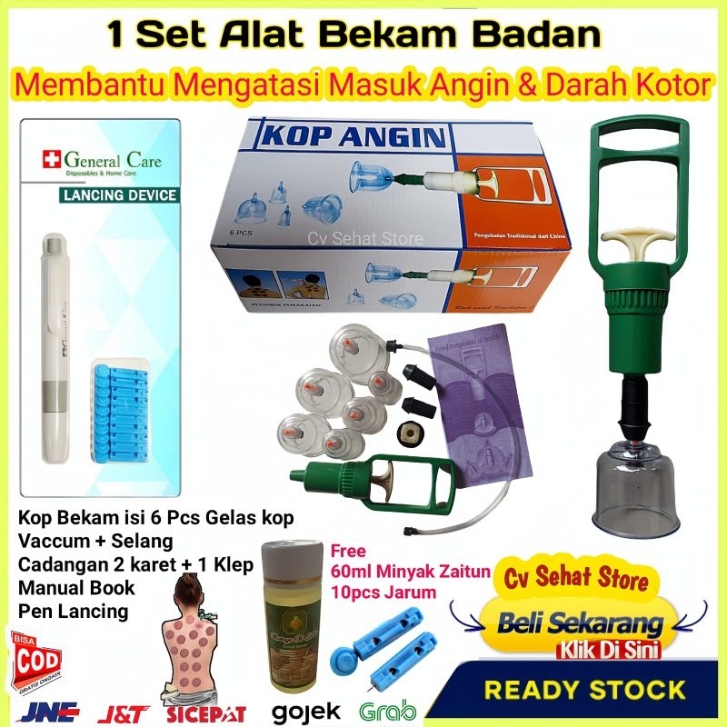 Satu 1 Set Alat Bekam Paket Komplit 6 Kop Dan Pen Lancing Device Jarum Bacam Autoklik Terapi Sunah C