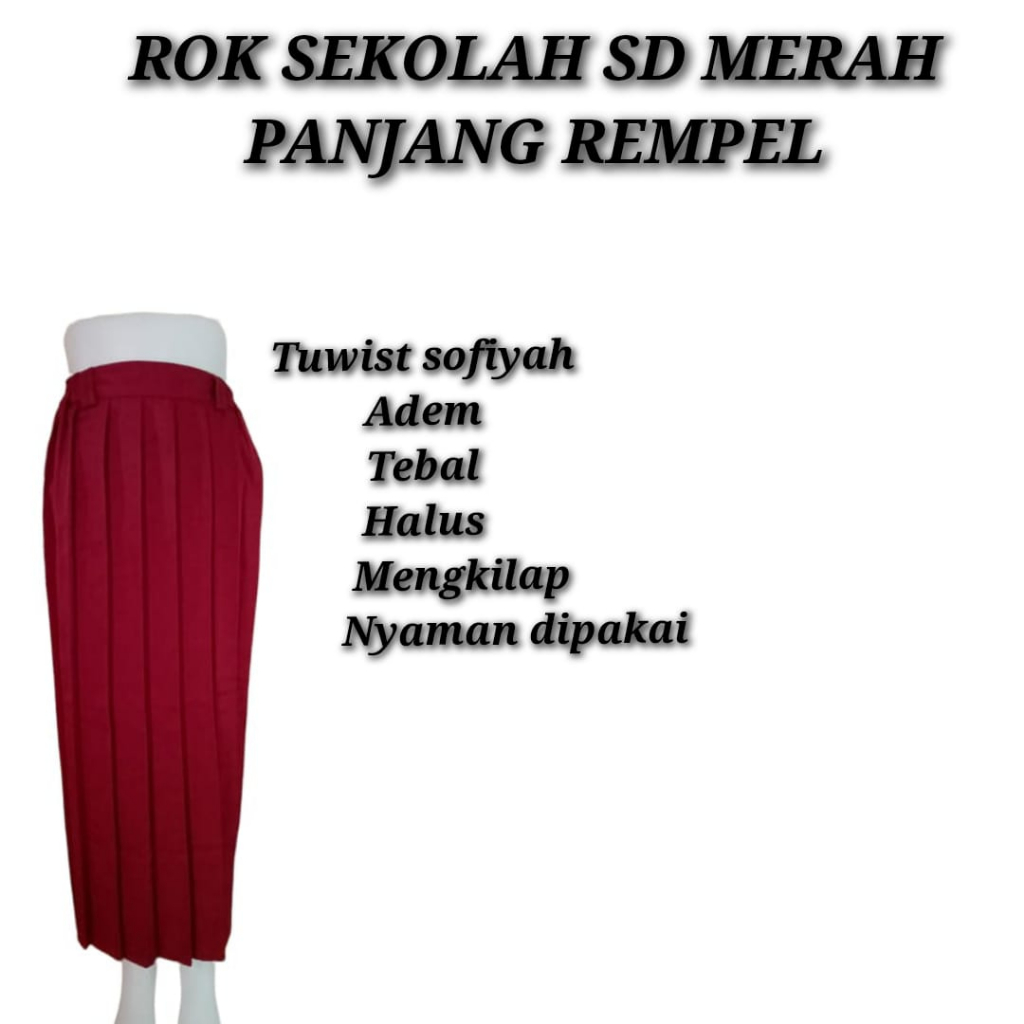 Rok seragam sekolah SD Merah Panjang Kelas 1/2/3/4/5/6 XL rempel polos