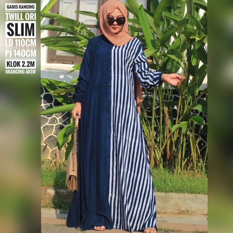gamis twill slim biru garis putih terbaru / gamis twill ori cap malam slim kancing 4aktif bisa cod