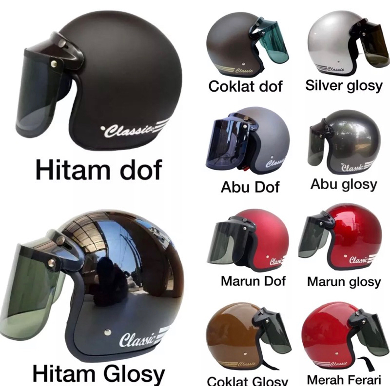 Helm Bogo Classic Garis Tiga / Helm kaca Datar