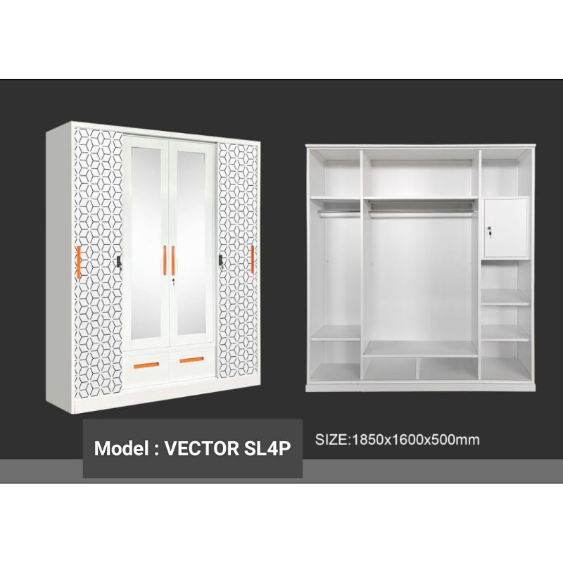 Lemari Pakaian Sliding Besi 4 Pintu + Laci Import
