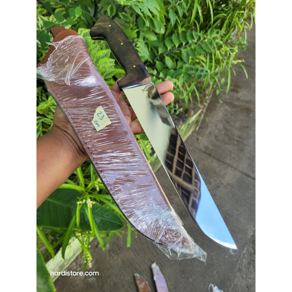 ArS Knife Pisau Sembelih 23 cm Baja Modern AUS10 Finishing Mirror, Sarung Kulit, Handle Fulltang