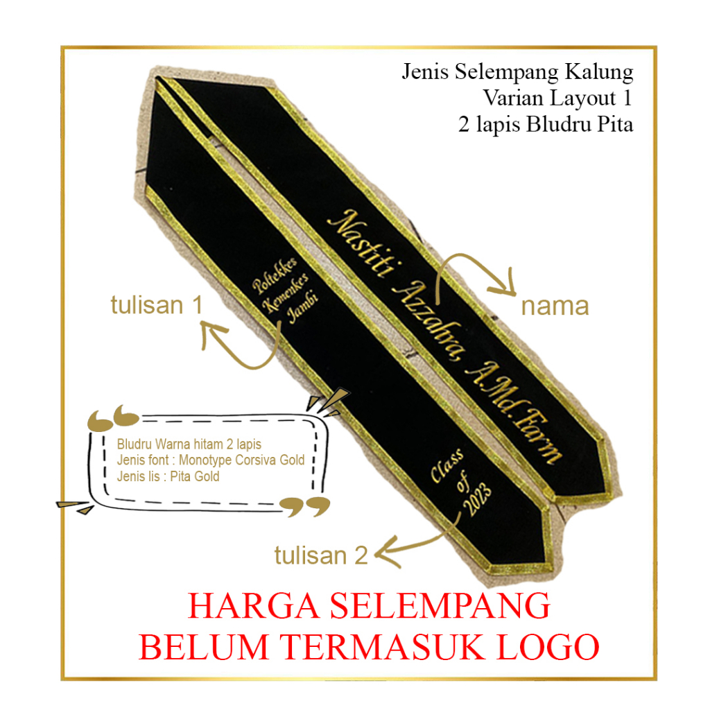 Selempang Wisuda Bordir Model Kalung + Jahit Rapi, Lis Renda, Rumbai & Pita