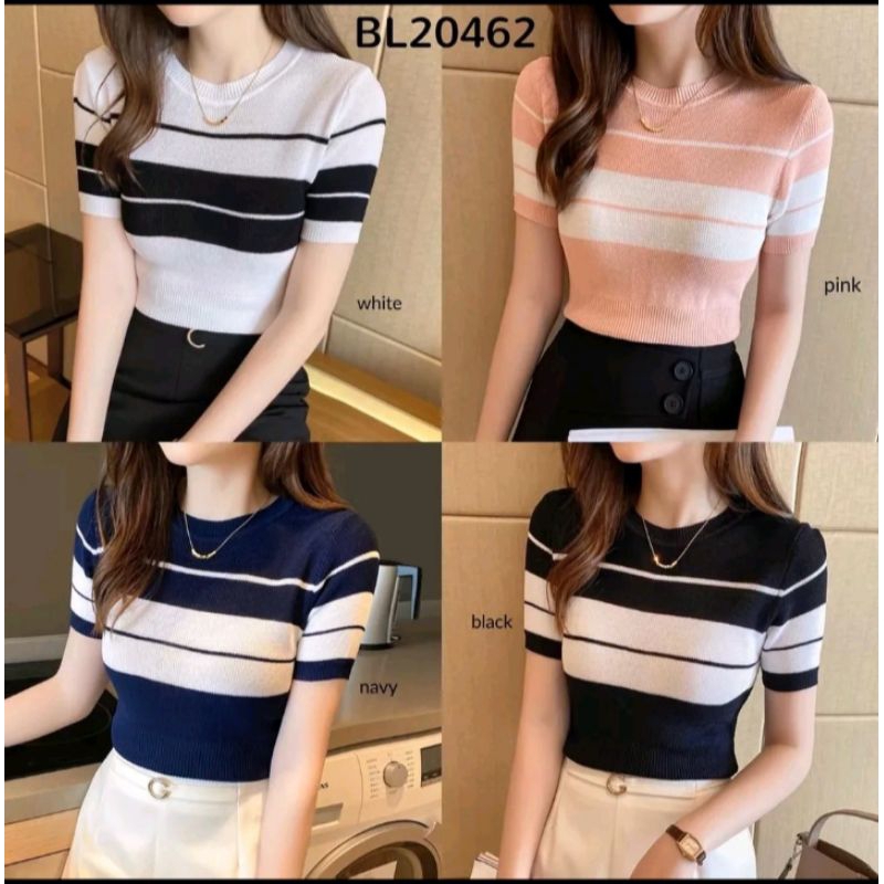 Atasan Wanita Rajut Croptop knit Garis lengan pendek // baju rajutan wanita stripe