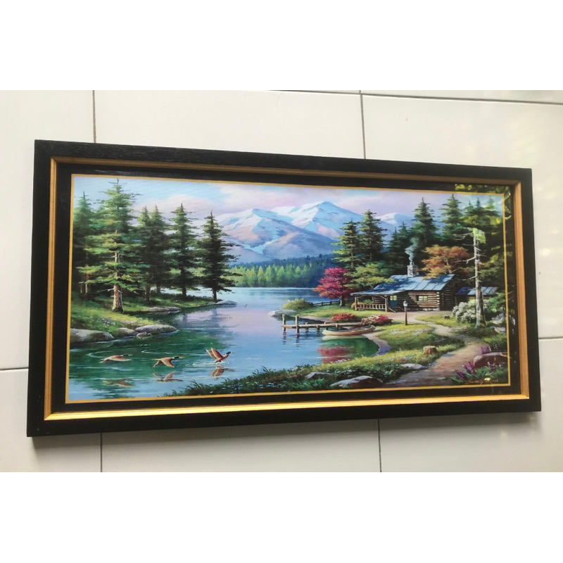Hiasan Dinding Lukisan Cetak Pemandangan sungai hutan gunung plus bingkai