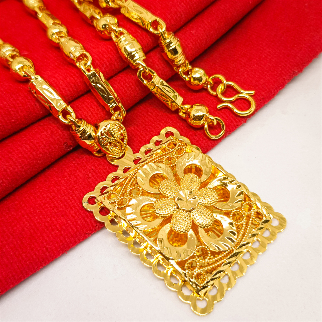Kalung Set Liontin Terbaru Import (Panjang 50cm)lapis Emas 24k Persegi Panjang Emas Hongkong Rantai 