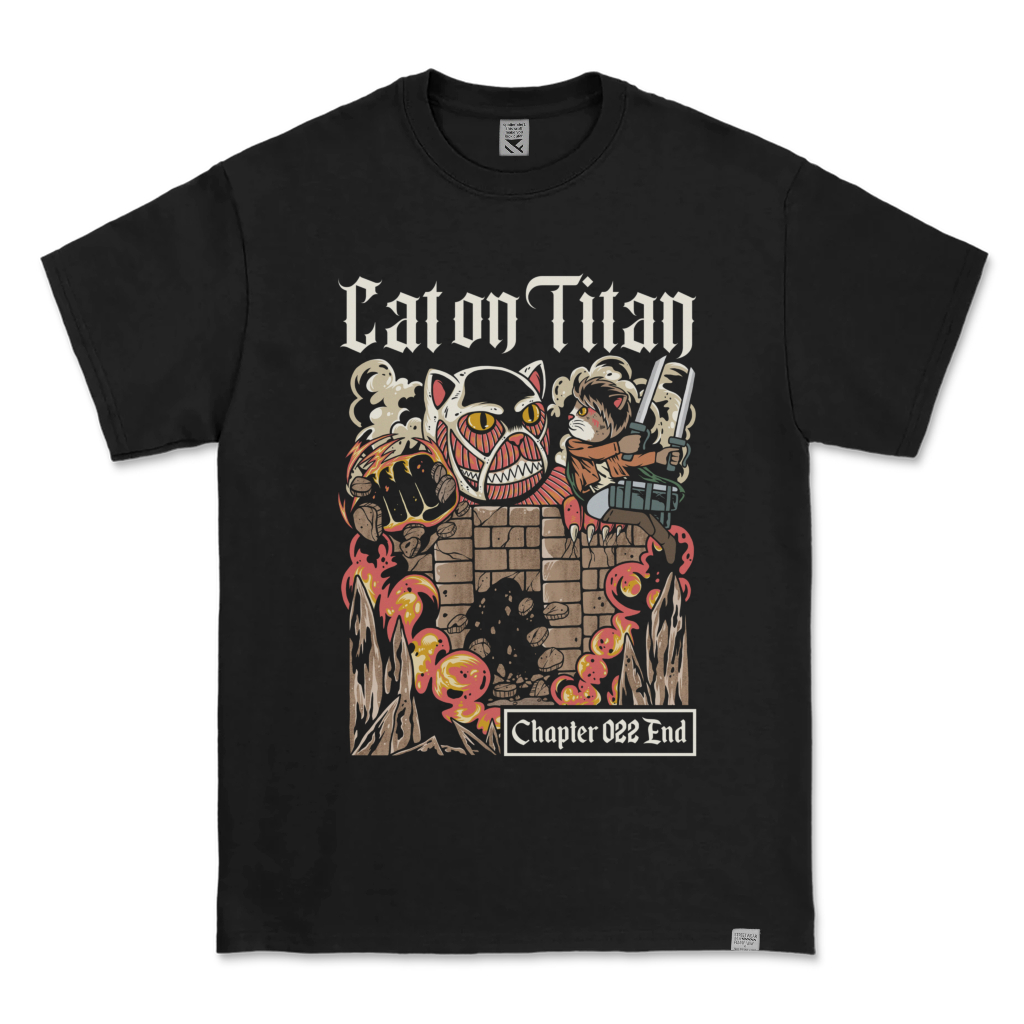Kaos Distro Parodi ZeroTwentyTwo T-Shirt Vintage Cat On Titan Black | Baju Pria Parody Plesetan Lucu